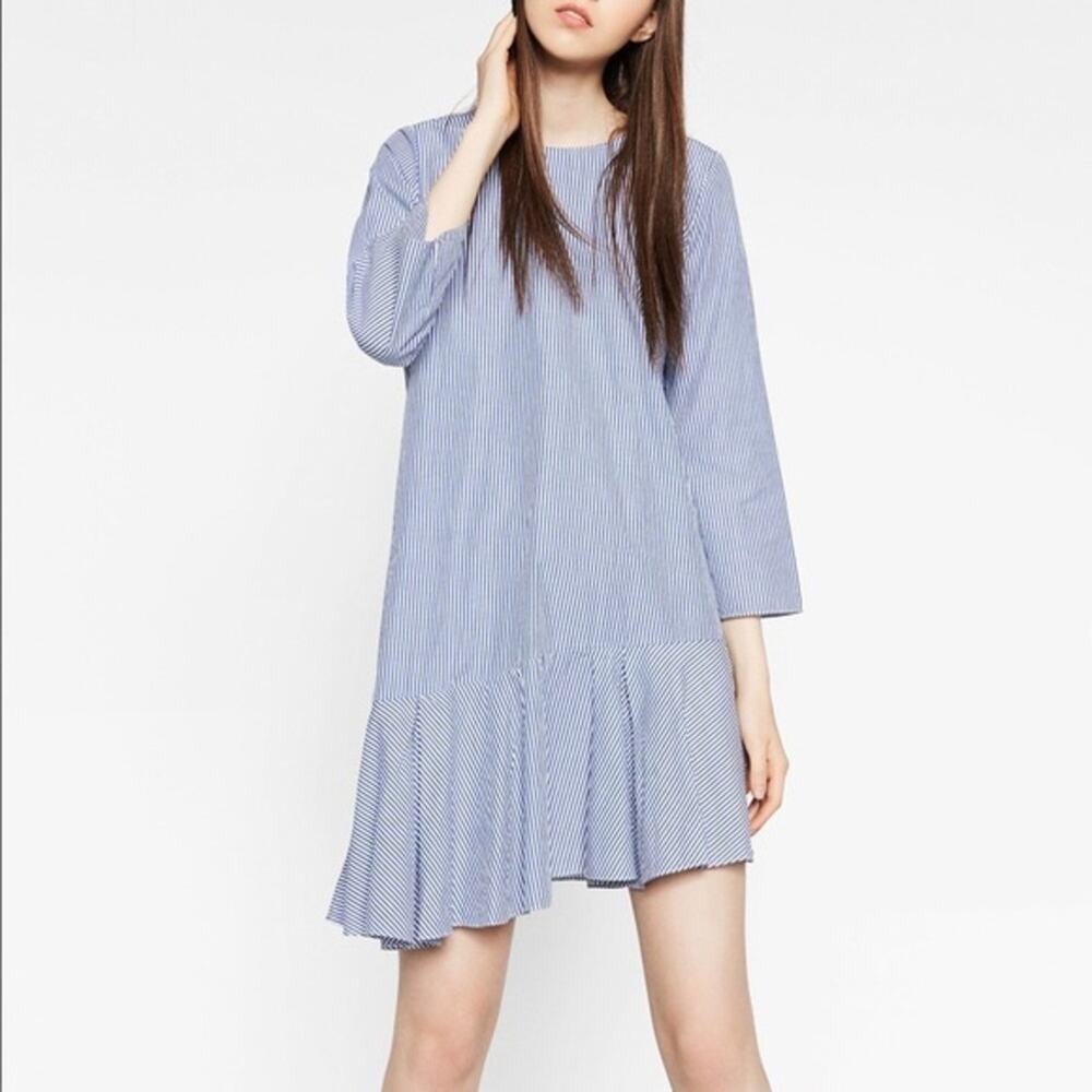 Zara Light Blue Pinstripe Ruffle-Hem Dress